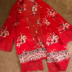 So Hot!  Red floral kimono with lace bell sleeves